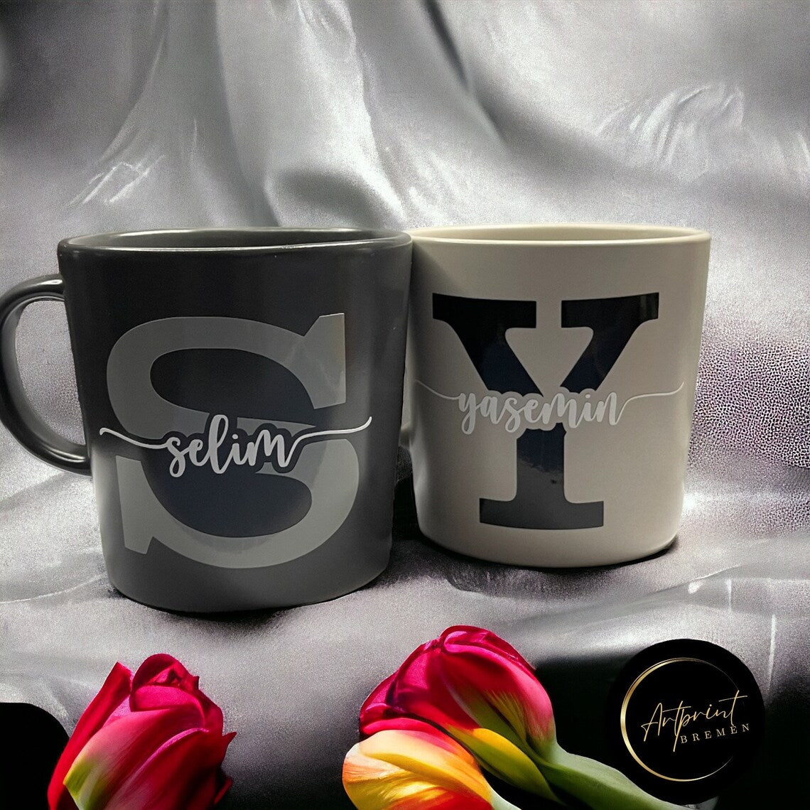Kaffeebecher personalisiert mit dem Namen und der Initiale - Farbe der Initiale und des Namens frei wählbar